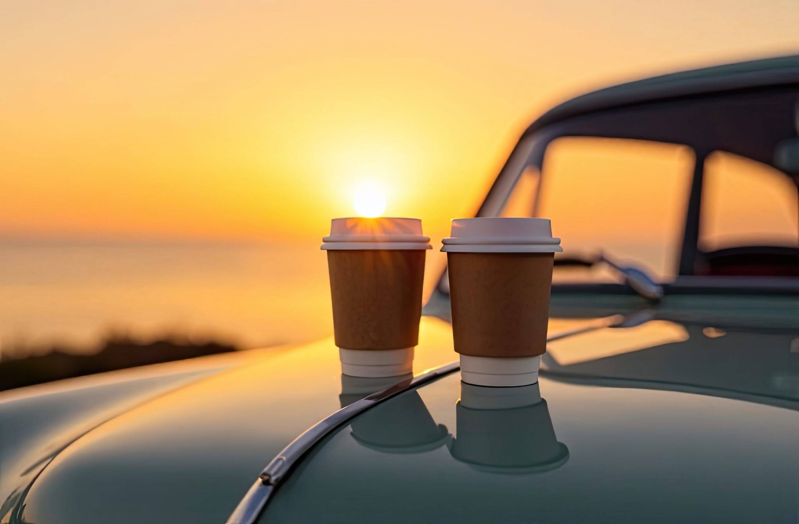 Warm coffee cups on a classic car hood during sunset by the ocean