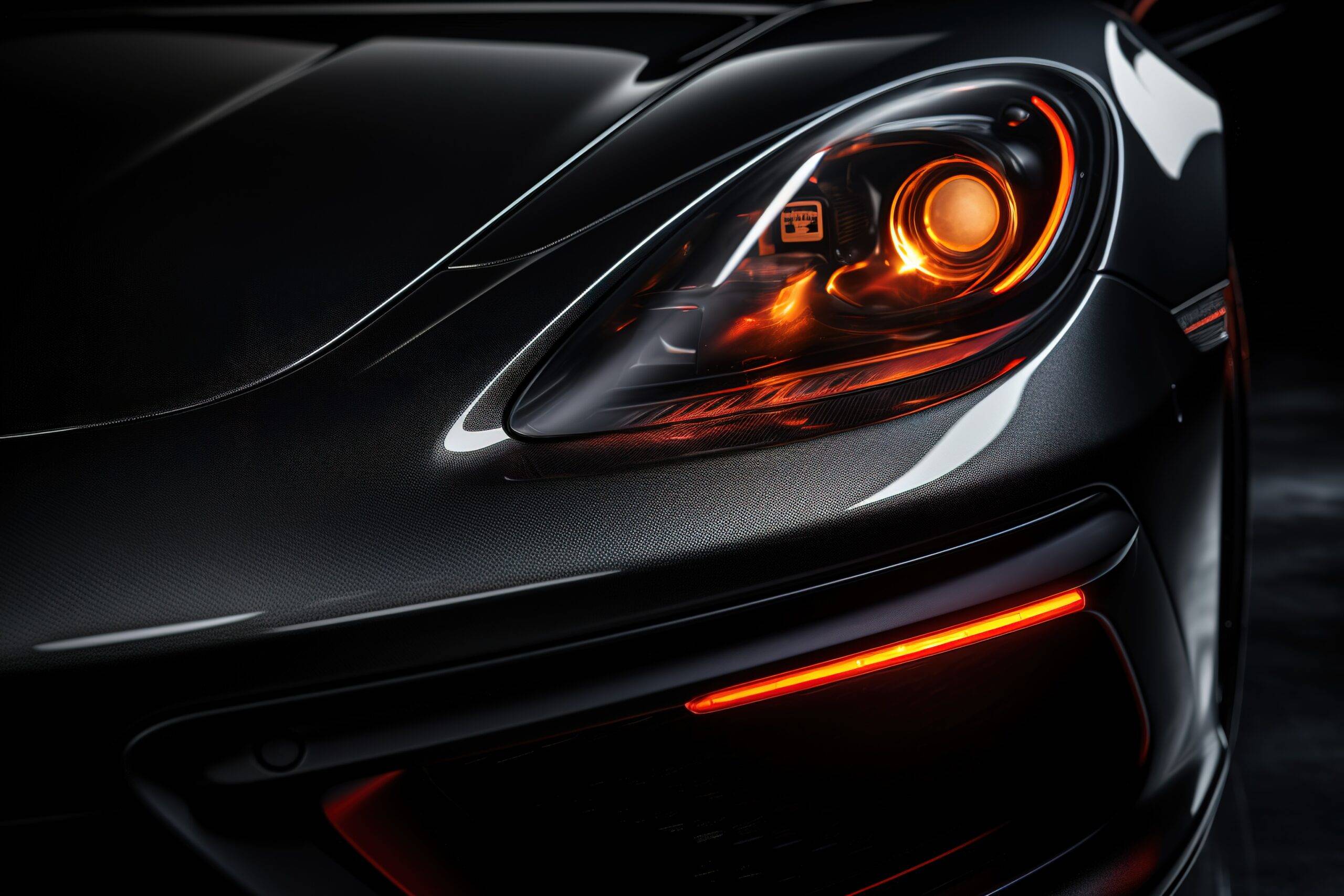 Detail on one of the LED headlights super car on black background, free space on right side for text